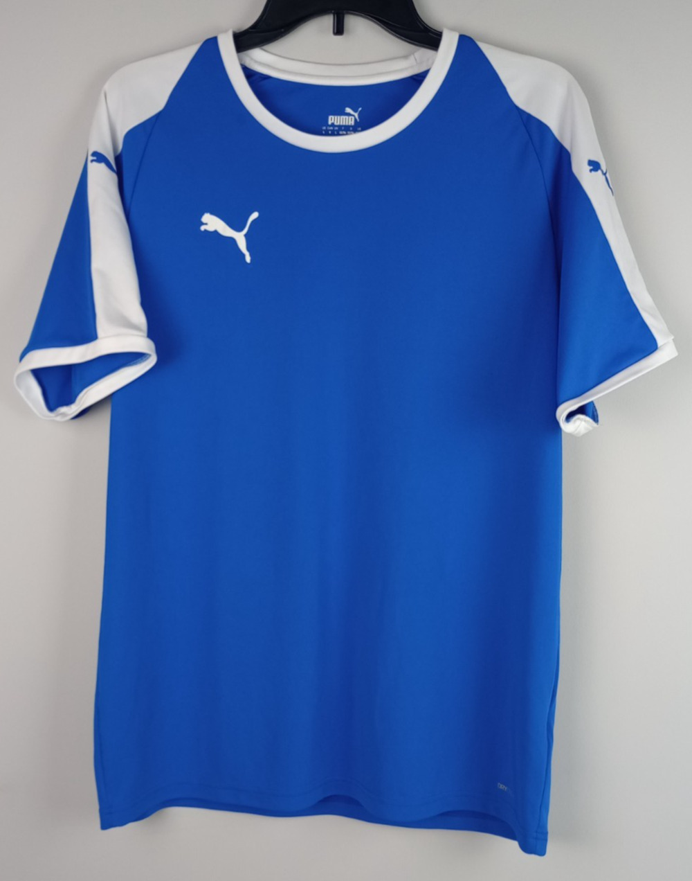 Puma Mens L Blue White Short Raglan Sleeve Dry Cell Athletic Soccer Jersey Shirt